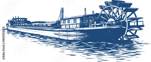 Vintage Blue Paddle Steamboat Illustration on Water with White Background paddle steamer riverboat
