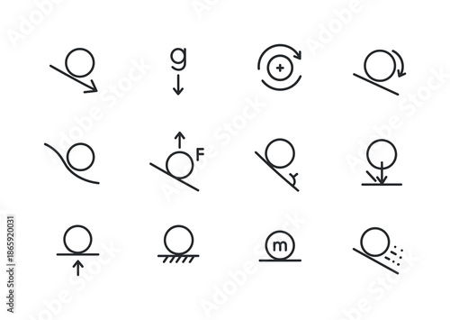 Physics Icon Set. rolling down the hill. Line icon set of rolling down the hill: physics motion arrow, gravity symbol, center of mass icon, rotation vector,