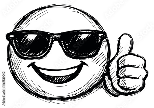 Hand drawn line art illustration of a smiley face depicting a thumbs up and wearing sunglasses for social media feedback