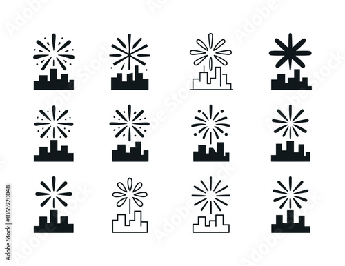 Holiday Fireworks Icon Set. Holiday fireworks exploding over a city skyline. Icon set. Set Logo of Holiday fireworks exploding over a city skyline: radiating