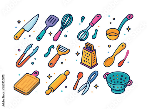Colorful Kitchen Icons. Kitchen utensils. Colorful isometric vector icons set of kitchen utensils: chef?s knife, spatula, whisk, ladle, tongs, peeler, grater,
