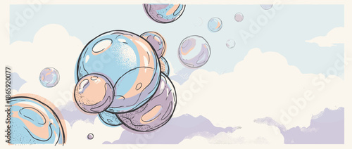 Hand-drawn iridescent soap bubbles floating through a dreamy pastel sky in a whimsical comic book style illustration with soft clouds and delicate line art details