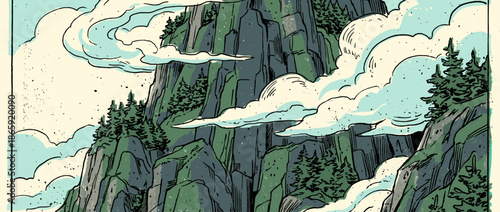 Stylized graphic illustration of a majestic mountain cliff with evergreen trees and swirling clouds, depicted in a bold, vintage comic book art style with a textured finish