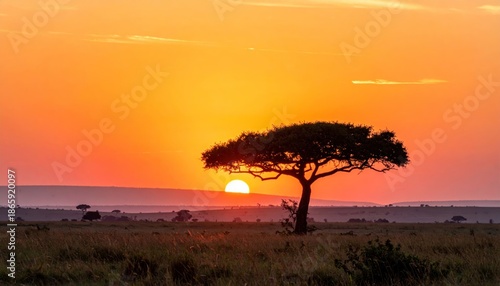 African Sunset Silhouette - A Lone Tree Against a Vibrant Sky.