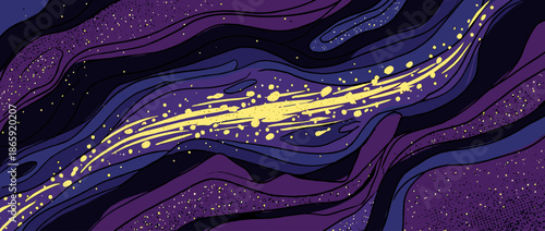 Dynamic hand-drawn illustration of deep space featuring a bright yellow cosmic stream flowing through dark purple and blue wavy layers dotted with stars