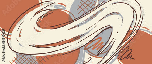 Hand drawn abstract composition with dynamic swirls, scribbles, and organic shapes in a modern artistic style featuring halftone dots and a muted terracotta and grey color palette