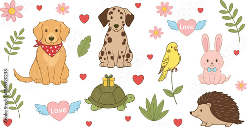 Cute animal cartoon vector set with dog rabbit bird turtle hedgehog hearts and flowers love theme
