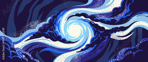Abstract blue and white swirling vortex illustration with dynamic energy, featuring dark cloudy shapes and textured patterns in a powerful graphic composition