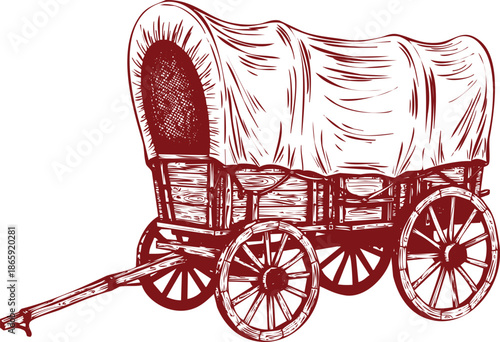 Vintage red covered wagon illustration on white background with transparent background cart