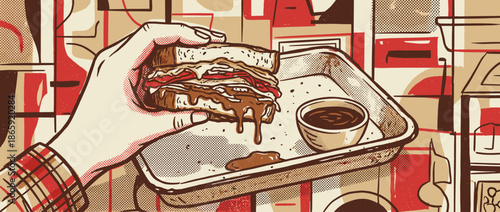 Hand holding a large messy sandwich with dripping gravy over a tray with au jus, illustrated in a vintage pop art style with bold lines and halftone textures