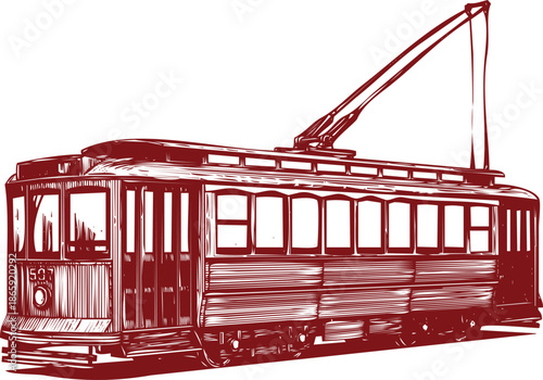 Vintage Red Streetcar Illustration with Trolley Pole tram public transportation