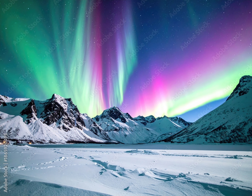 Fototapeta premium Colorful Northern Lights dancing over snow-capped mountains