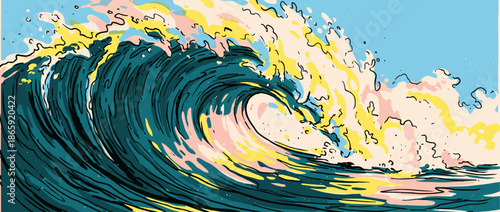 Large stylized ocean wave illustration curls with powerful energy in a graphic, comic book art style with bold black outlines and a vibrant teal, yellow, and pink palette