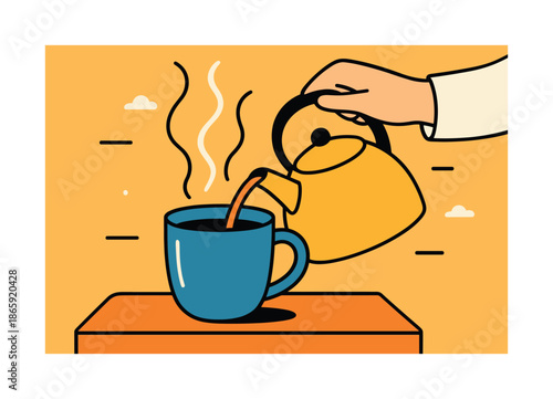 Morning Brew Ritual. Making tea or coffee ? morning ritual. Steam rises gracefully from a mug as a hand pours hot water; soft curved lines evoke calm and