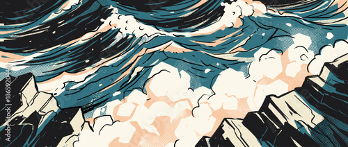 Stylized ocean waves crashing against rocks illustration in a dynamic Japanese woodblock print style with bold lines, halftone textures, and a limited color palette