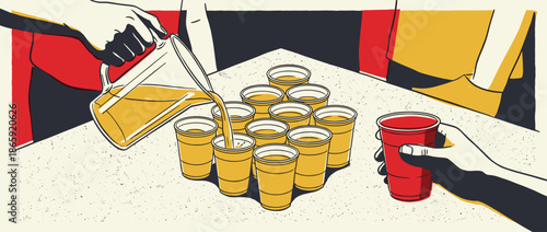 Yellow and red plastic cups on a table for a drinking game as a person pours from a pitcher in a vintage, minimalist vector illustration with a grainy texture