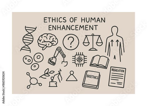 Human Enhancement Ethics. Ethics of human enhancement. Hand-drawn doodle illustration Ethics of human enhancement DNA helix, brain outline, robotic arm, scales