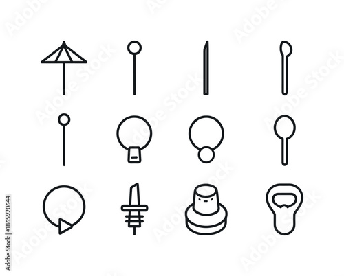Mini Cocktail Icon Set. Mini Cocktail Accessories. Line icon set of Mini Cocktail Accessories: umbrella, stir stick, toothpick, garnish fork, bamboo skewer,