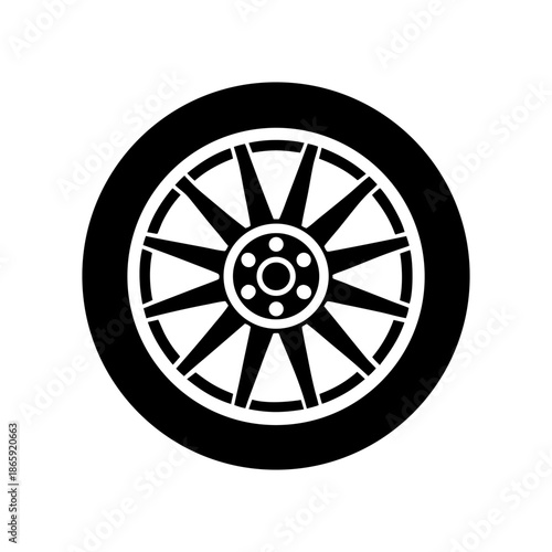 Car Wheel Rim and Rubber Tire Icon on White Background.