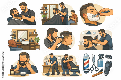 Barber shop scenes with hairstyling and grooming activities illustration