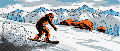 Graphic illustration of a snowboarder carving down a snowy mountain slope with a ski resort lodge and pine trees in a dynamic, retro comic book art style