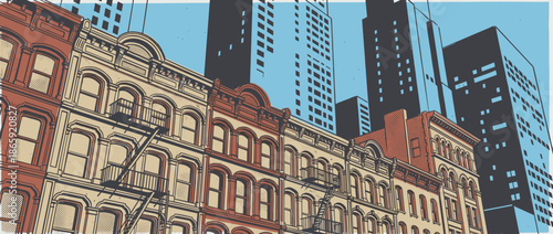 Row of historic brownstone apartment buildings with fire escapes and arched windows contrast with modern skyscrapers in a graphic pop art cityscape
