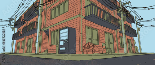 Brick apartment building with black balconies and a vending machine stands on a city street corner under tangled power lines in a graphic novel illustration style