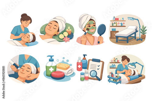 Spa and skincare routine illustrations with facial treatments and products