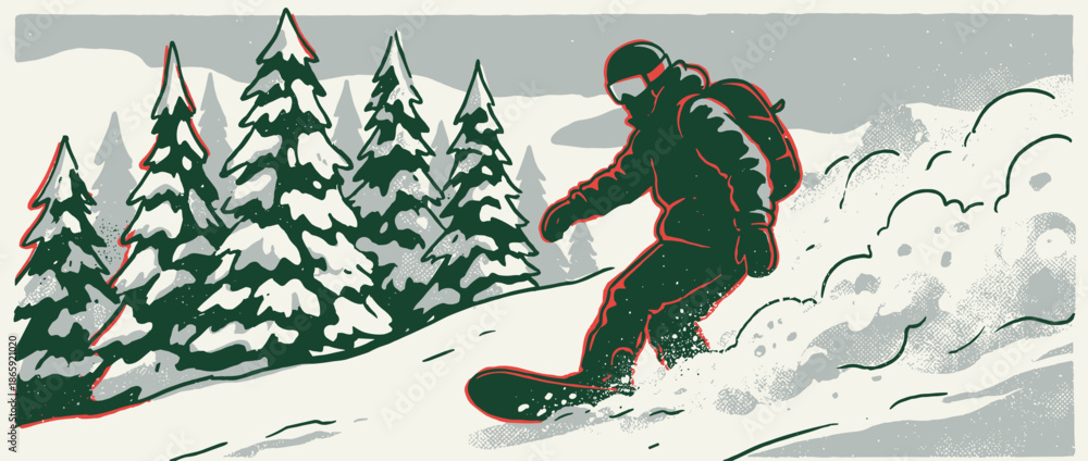 Fototapeta premium Stylized illustration of a snowboarder carving down a snowy mountain slope past evergreen trees in a retro, limited color palette graphic style with halftone textures