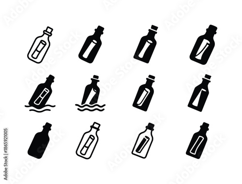 Message in a Bottle. Message in bottle. Icon set. Set Logo of message in bottle: long journey symbol. harmonious logo variations of the same emblematic