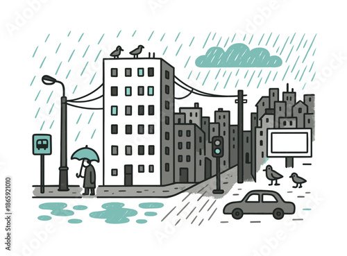 Gray City Vibes. Gray city feelings. Hand-drawn doodle illustration gray city feelings [tall apartment block (accented), tiny windows with few lights on