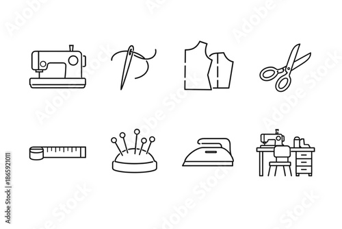 Sewing and tailoring icons set including needle, scissors, and iron