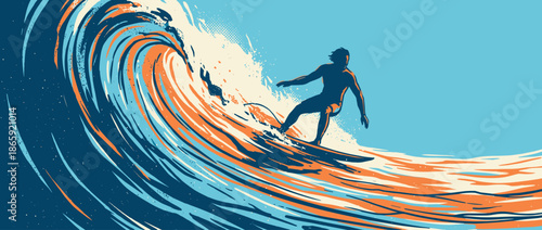 Graphic illustration of a surfer riding a large, stylized ocean wave in a dynamic, retro art style with a limited blue and orange color palette and textured details