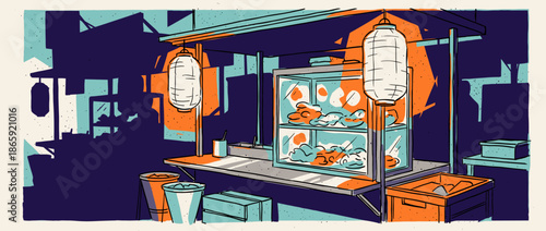 Illustrated Asian night market food stand with hanging paper lanterns and a display case, depicted in a bold, graphic style with high contrast colors and a textured finish