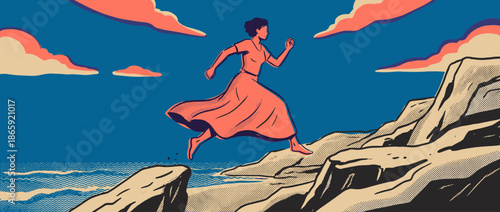 Determined woman in a long flowing dress runs uphill on a rocky cliffside by the sea in a bold, graphic illustration style with halftone textures and a limited color palette