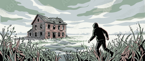 Mysterious hooded figure walks through tall grass toward a derelict wooden house in a desolate landscape, a comic book style illustration with a gloomy, overcast atmosphere