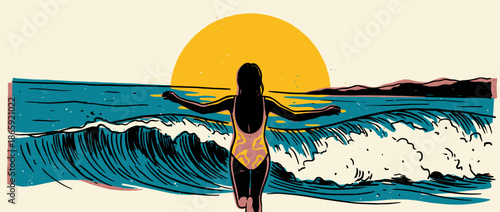 Woman in a patterned one-piece swimsuit with outstretched arms walks into the ocean waves at sunrise in a bold, graphic, hand-drawn illustration with a vintage aesthetic