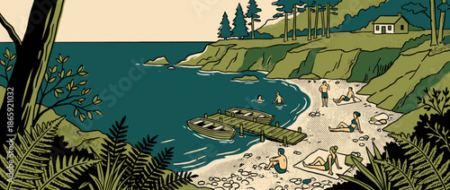 Retro comic book style illustration of people enjoying a summer day, swimming and sunbathing at a secluded cove with a pier, boats, and a forest cabin