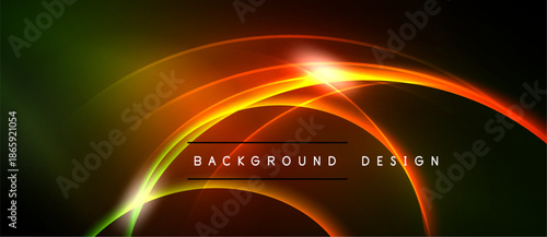 Abstract neon lines create vibrant energy. Glowing curves intersect, forming dynamic visual impact. Dark background emphasizes bright colors.