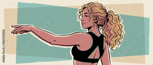 Strong athletic woman with curly blonde hair in a ponytail points forward with a determined expression in a vintage comic book style illustration with a textured effect
