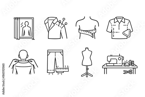 Tailoring icons set featuring clothing alterations and sewing tools