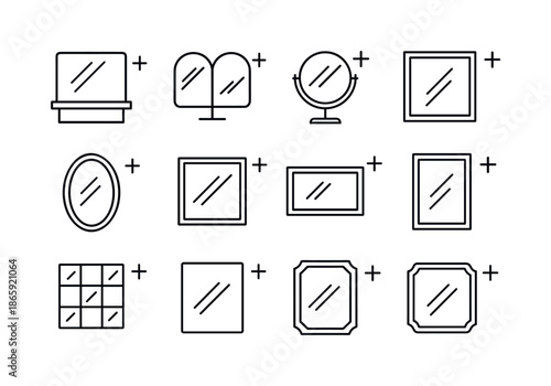 Bathroom Mirror Icons. adding a new mirror in the bathroom. Line icon set of adding a new mirror in the bathroom: mirror with shelf, double mirror, pivot