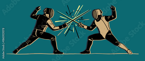 Two fencers wearing masks and uniforms duel with swords in a dynamic and stylized illustration, their foils clashing together with a dramatic spark effect