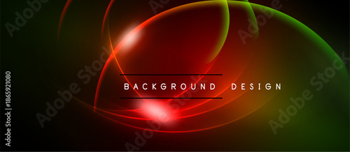 Abstract design features vibrant red, green glows. Dark background enhances luminosity, creating dynamic visual effect. Text reads background design.