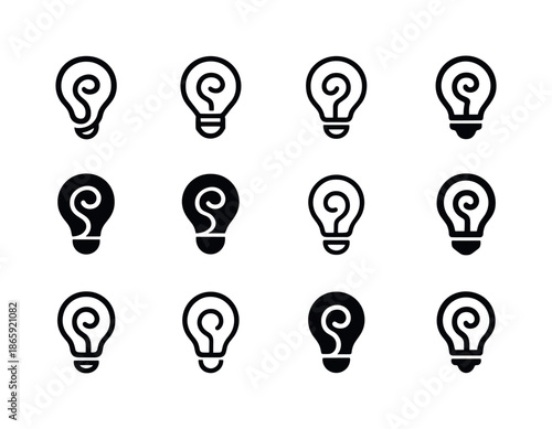 Curiosity Logo Variations. Curiosity. Icon set. Set Logo of Curiosity: lightbulb with a spiral filament inside. harmonious logo variations of the