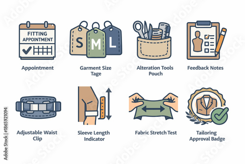 Sewing and tailoring icon set with tools and labels