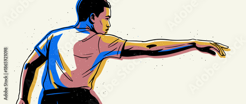 Stylized illustration of a young man reaching forward in a dynamic pose, depicted in a modern graphic novel style with bold colors, strong lines, and a focused expression