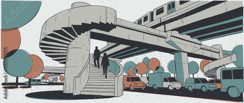 Graphic illustration of a busy urban transportation hub featuring a concrete overpass, an elevated train, and silhouetted people walking up a spiral staircase