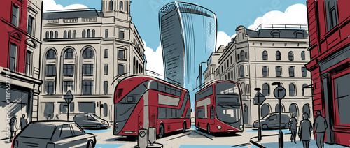 Two red double-decker buses driving on a busy urban street surrounded by classic and modern buildings in a hand-drawn, graphic illustration style with bold outlines