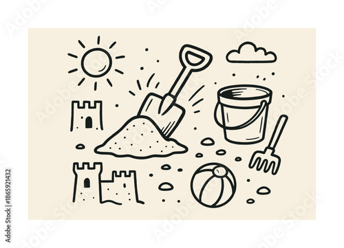 Playful Beach Day. Sandbox shovel. Hand-drawn doodle illustration Sandbox shovel shovel icon, sand pile, bucket, tiny rake, grains of sand, sun symbol, castle